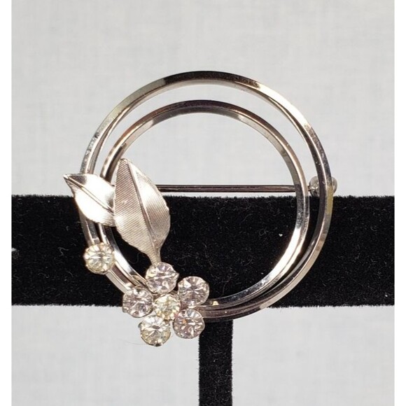 Vtg 70s Signed Krementz Floral Spray Circle Clear Rhinestones Silver Tone Brooch - Picture 4 of 16